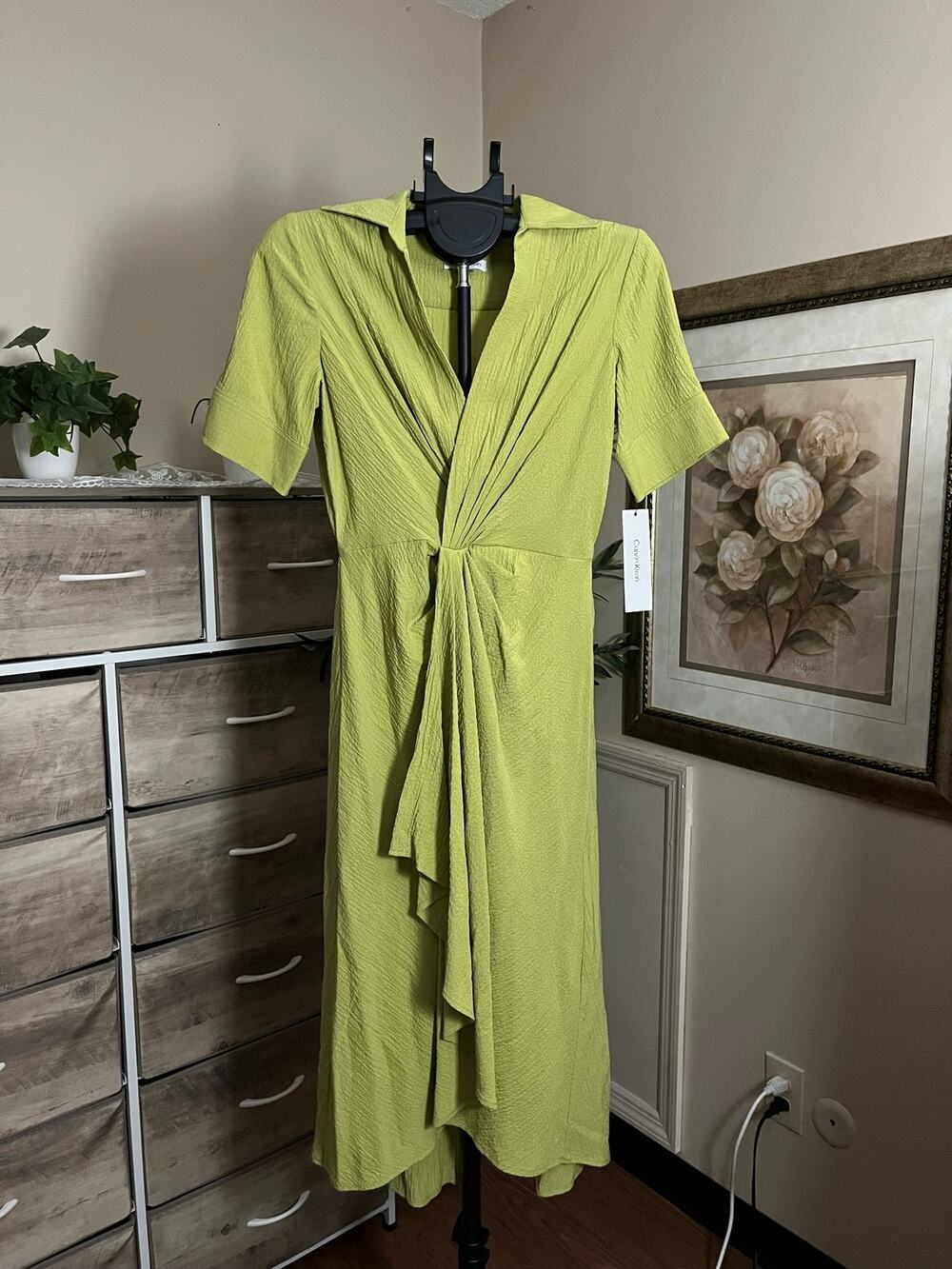 Calvin Klein NWT Size 4 Lime Green Draped Ruffle Midi Dress $134